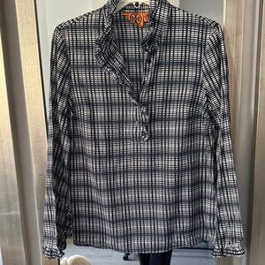 Tory Burch Black and White Checked Ruffle Neck Blouse - size 8